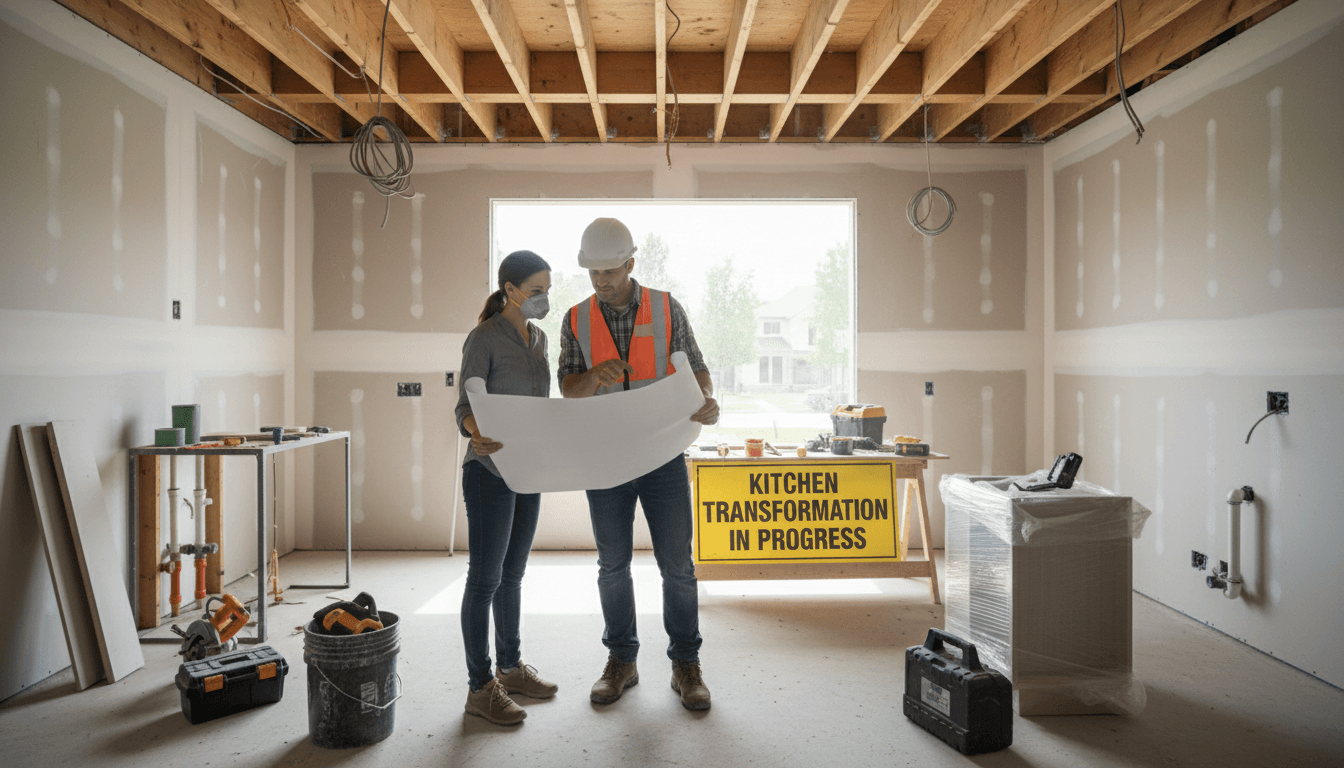 Contractor and homeowner looking at plans during a kitchen remodel