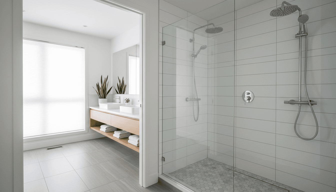 Bathroom with new walk-in shower and subway tile