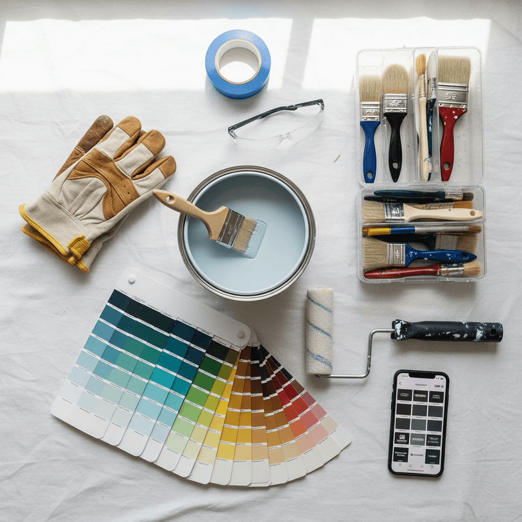 Contractor's workbench with tape measure and paint swatches