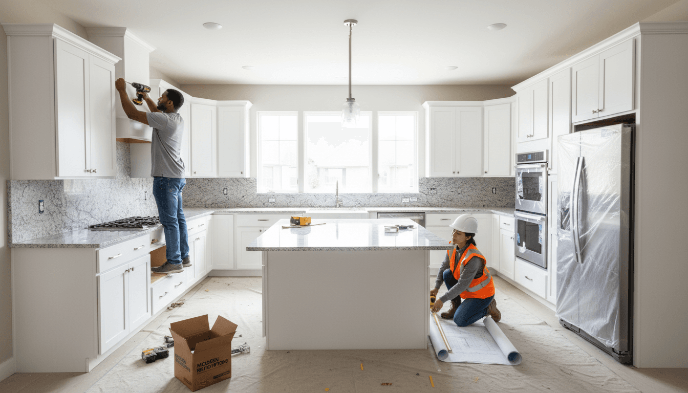 Kitchen cabinets being installed during a remodeling project