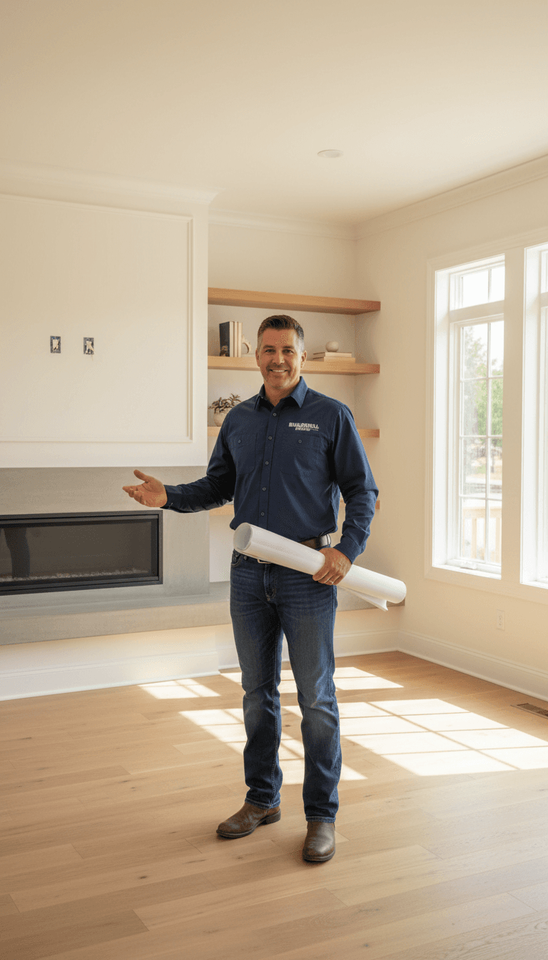 Contractor standing in a finished kitchen remodel