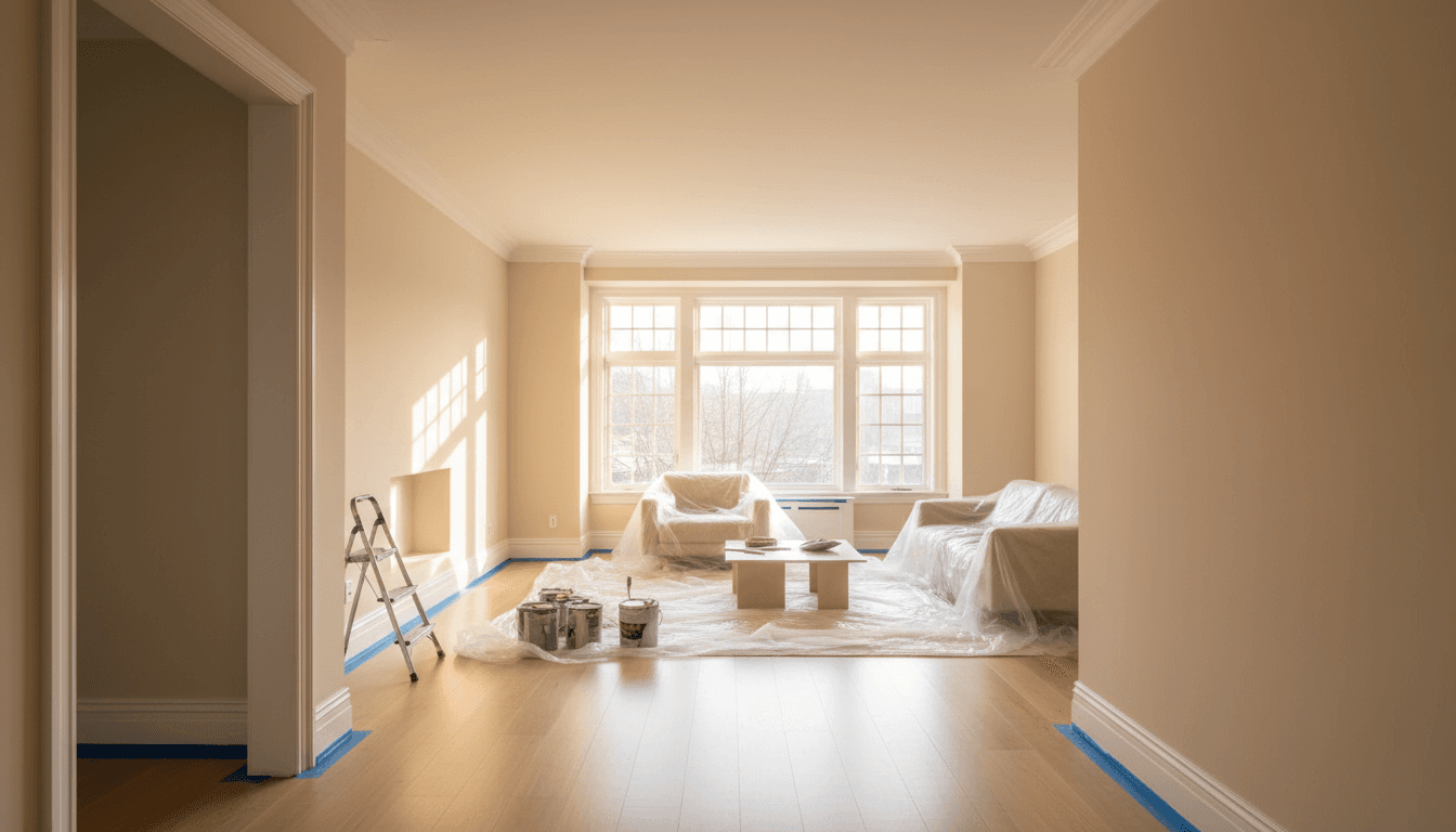 Living room with freshly painted walls