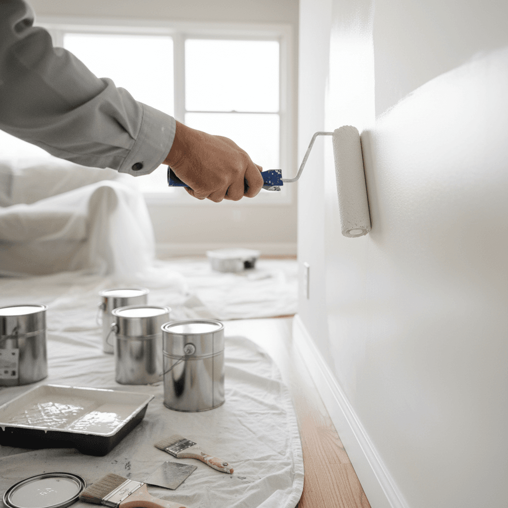 Professional painter applying paint to an interior wall
