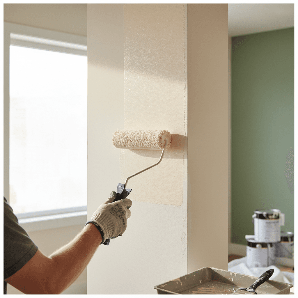 Painter working on interior wall with roller