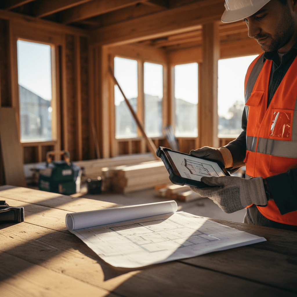 Contractor reviewing plans at a home remodeling job site