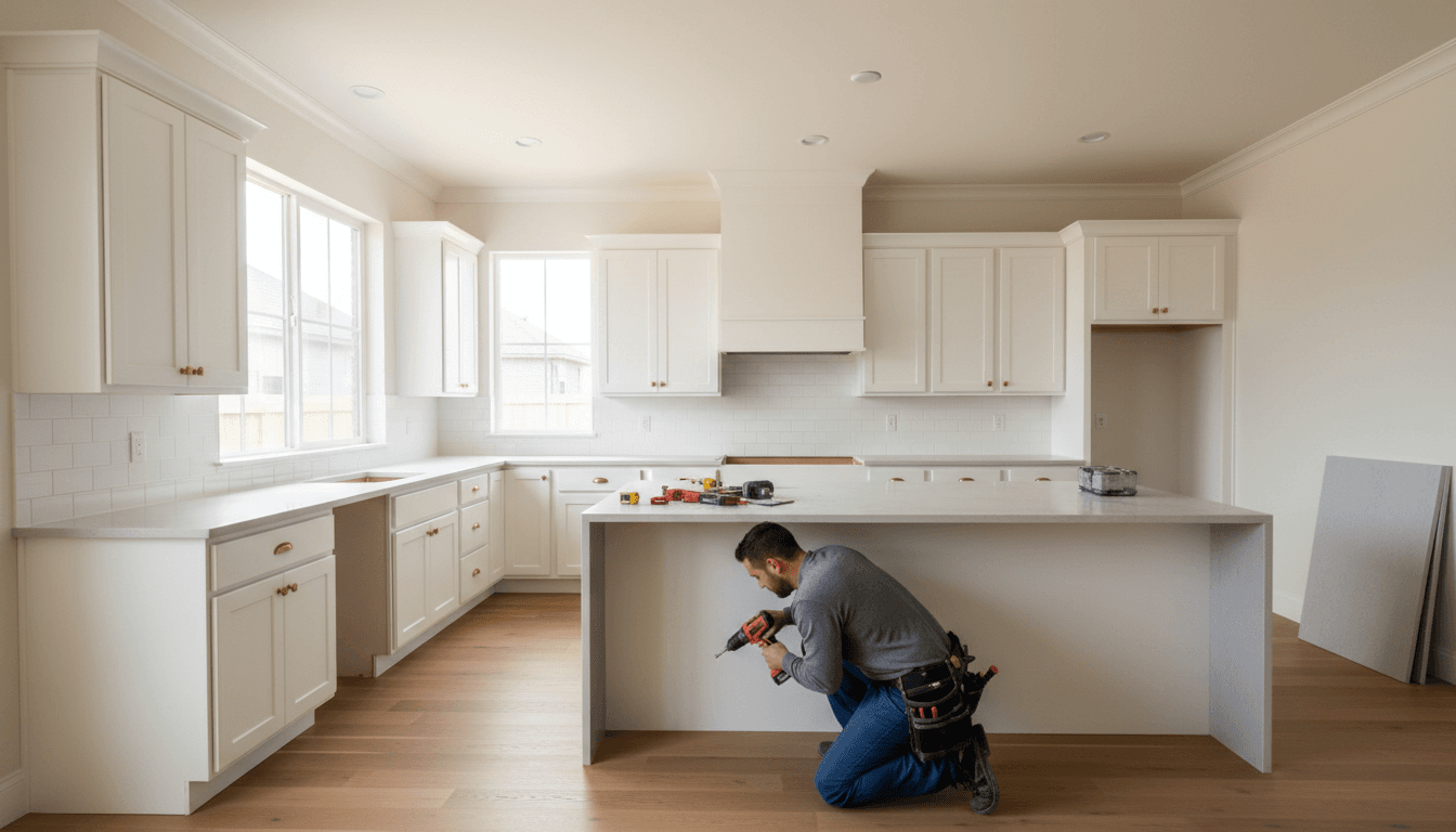 Kitchen renovation in progress with new cabinets and countertops